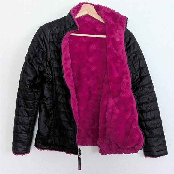 The North Face Girls Mossbud Swirl Reversible Water Repellent Jacket Blac Pink L - Picture 1 of 14